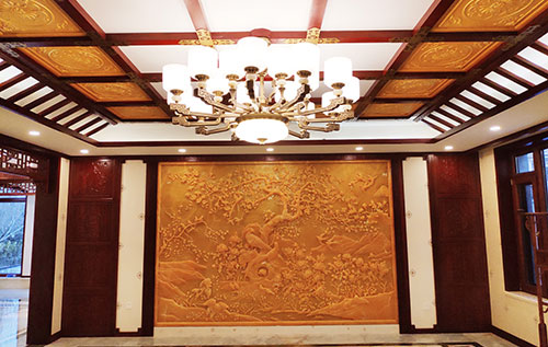 汉中中式别墅客厅中式木作横梁吊顶装饰展示