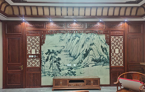 汉中中式仿古别墅客厅背景墙花格木作装饰